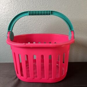 Pink Oval Plastic Gift Basket Pail Bucket Multi Organizer Swing Handle  8x5x10